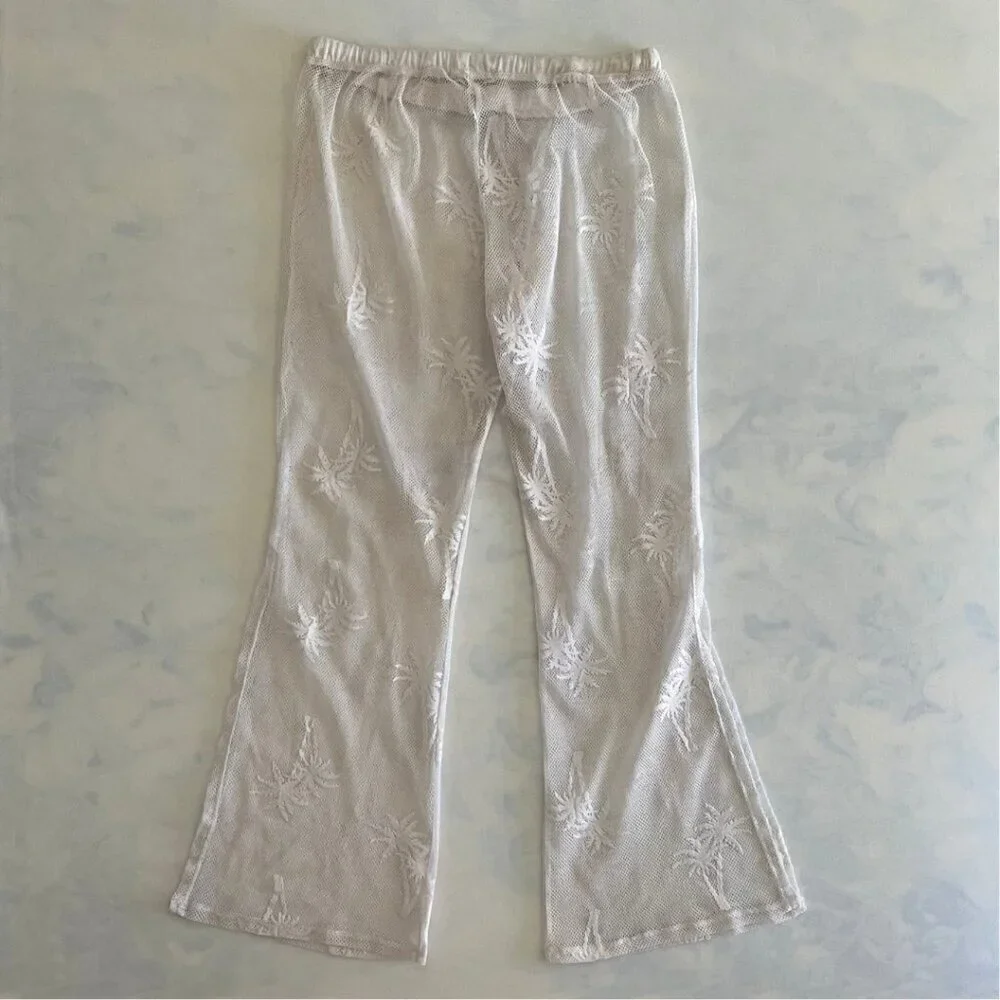 Miken Swim White Mesh Palm Tree Drawstring Coverup Pants - Picture 2 of 6